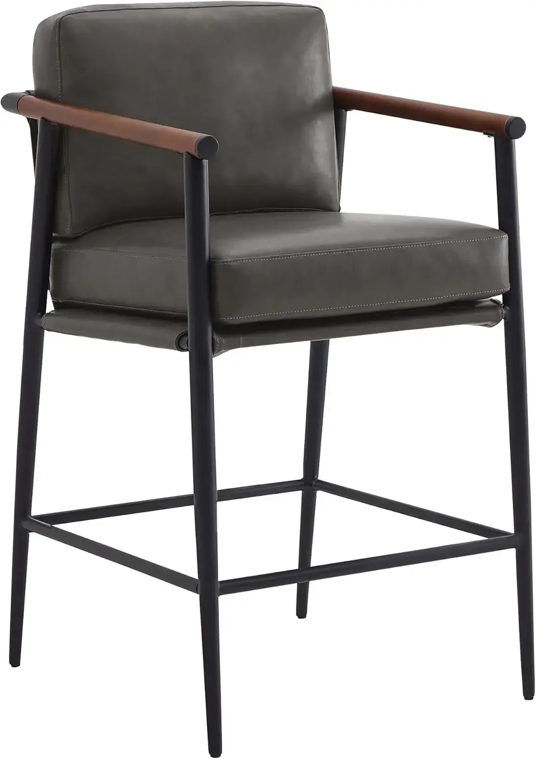 Mid Century Modern Barstools Set of 2, 26" H Upholstered Counter Height Bar Stools and Metal Legs, Faux Leather in Grey