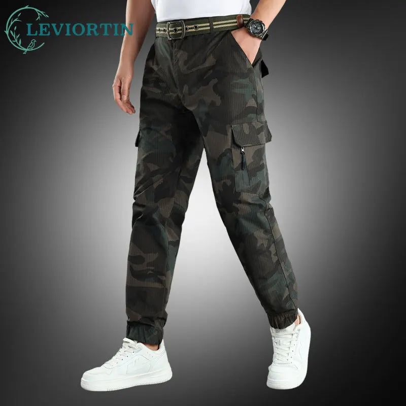 Pantaloni cargo mimetici da uomo con tasche multiple Streetwear Techwear Pantaloni tattici da pista Pantaloni grigi Pantaloni da jogging in vita elastica