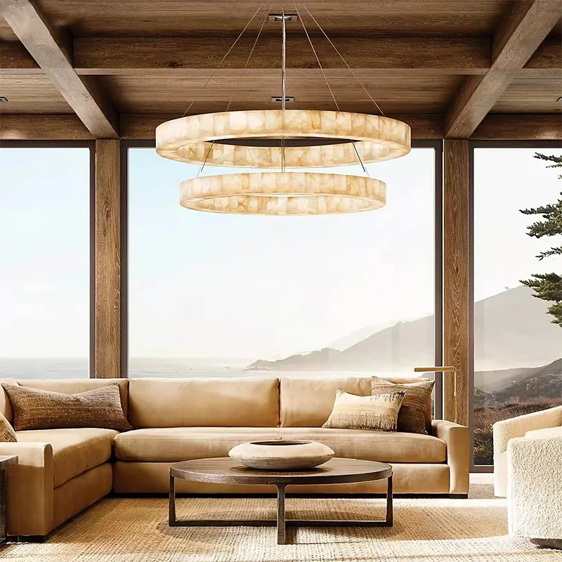 Round Marble Chandelier Contemporary Spanish Imported Brass Adjustable Pendant Lamp Customizable Ceiling Luster Living