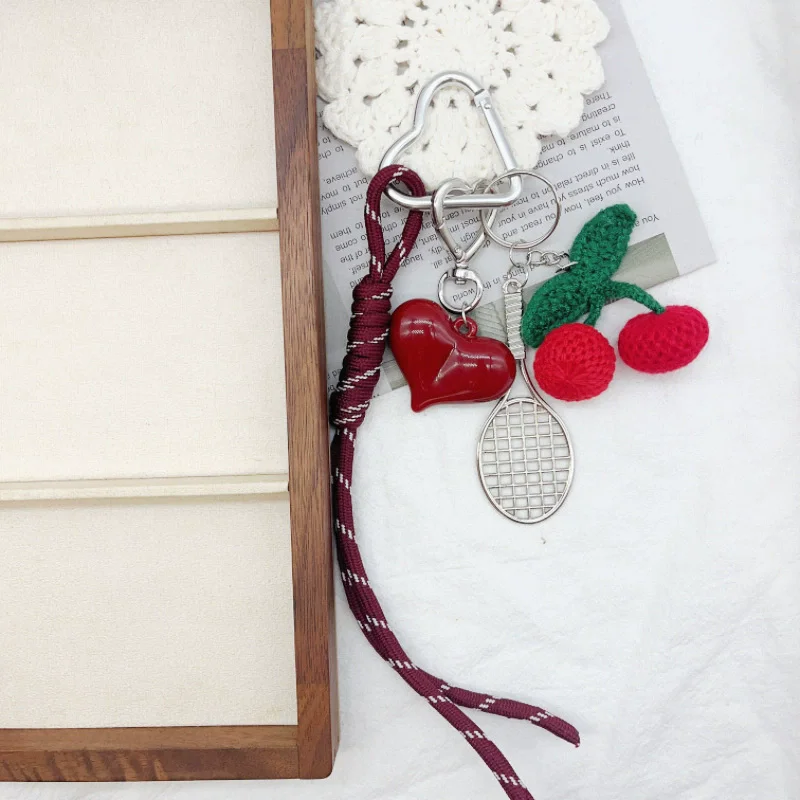 1 Piece Y2K Leather Rope Red Heart Knitted Cherry Ribbon Bag Key Chain Charm Pendant Women Trendy Weaving Rope Keychain Jewelry