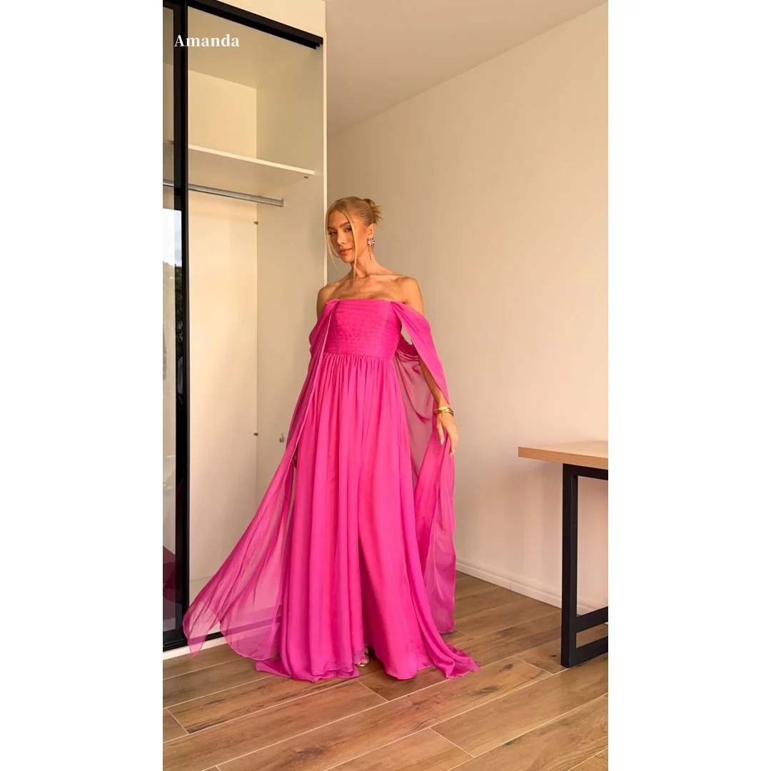 

Amanda Customized Hot Pink Off Shoulder Prom Dress Flowy Chiffon Maxi Gown with Draped Cape Sleeves Ruched Bodice Elegant 2025