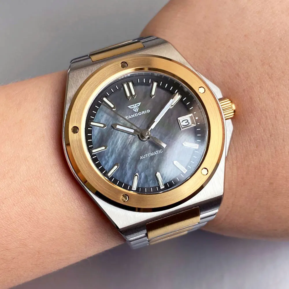Tandorio MOP Shell Dial 200M Diving 40mm Two Tone Gold Case NH35 Automatic Men Watch Sapphire Business Wristwatch Steel Bracelet