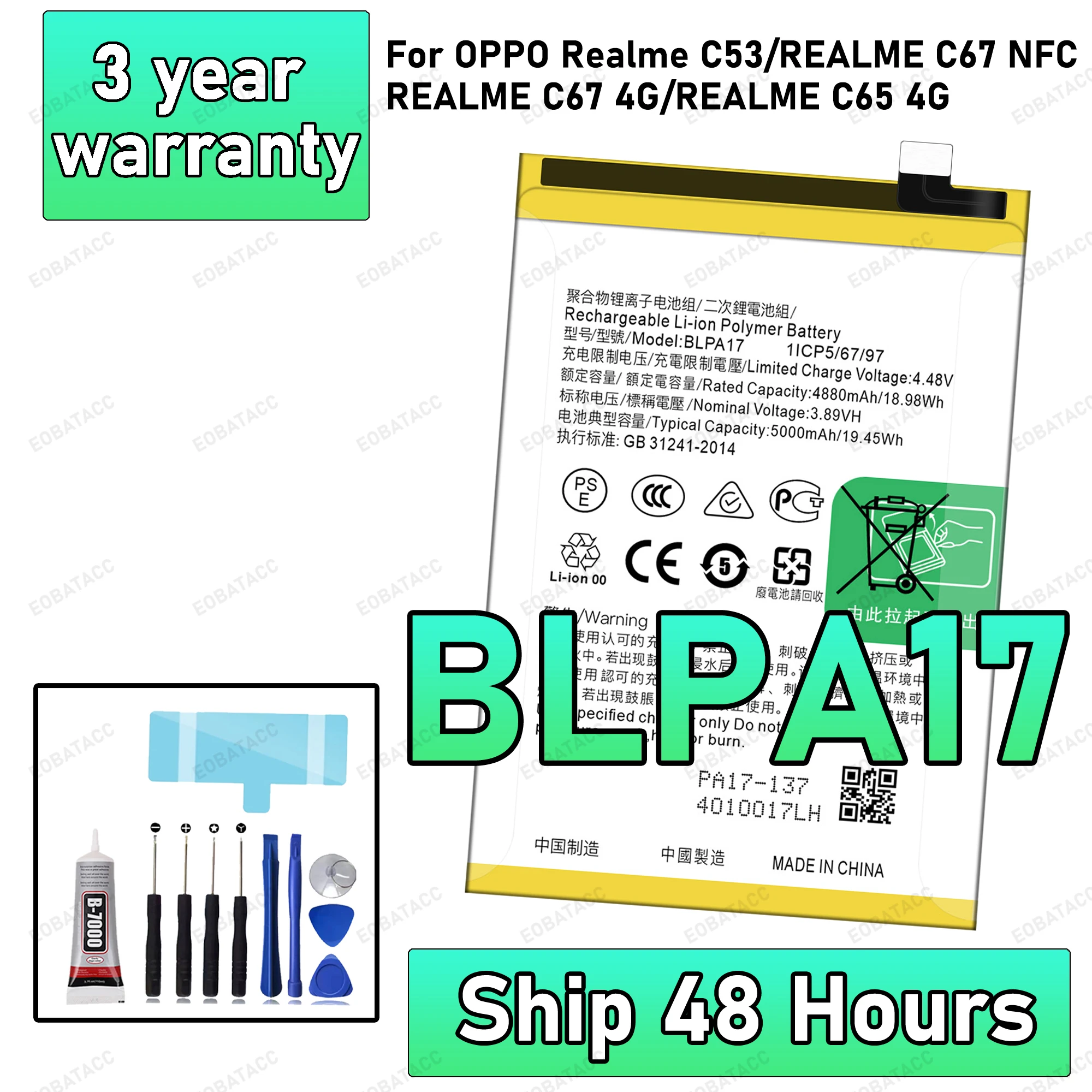 

100% New High Quality BLPA17 Battery For OPPO Realme C53/Realme C67 NFC/Realme C67 4G/Realme C65 4G Phone Replacement Bateria+Fr