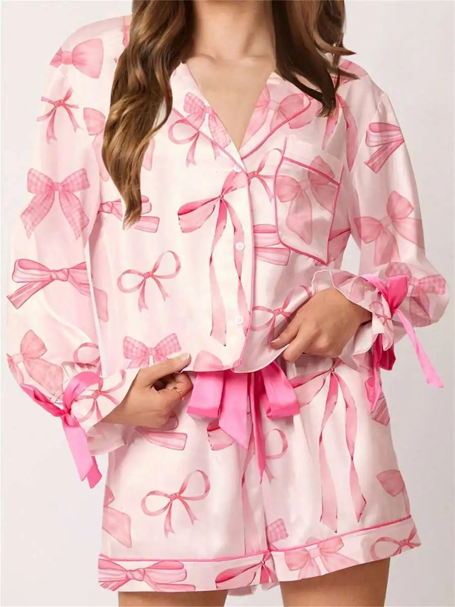 

Womens Bow Print Long Sleeve Button Up Pajama Set With Shorts
