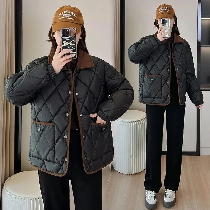 Small Fragrant Style Diamond grid Cotton Jacket 2025 New No wash Loose Contrasting color Versatile Short Autumn Winter Coat