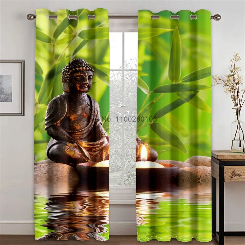 Cheap Polyester 3D Print Green Zen Spa Lotus Stones Herbal Bamboo Thick High Shading Window Curtain for Bedroom Living Room Hook