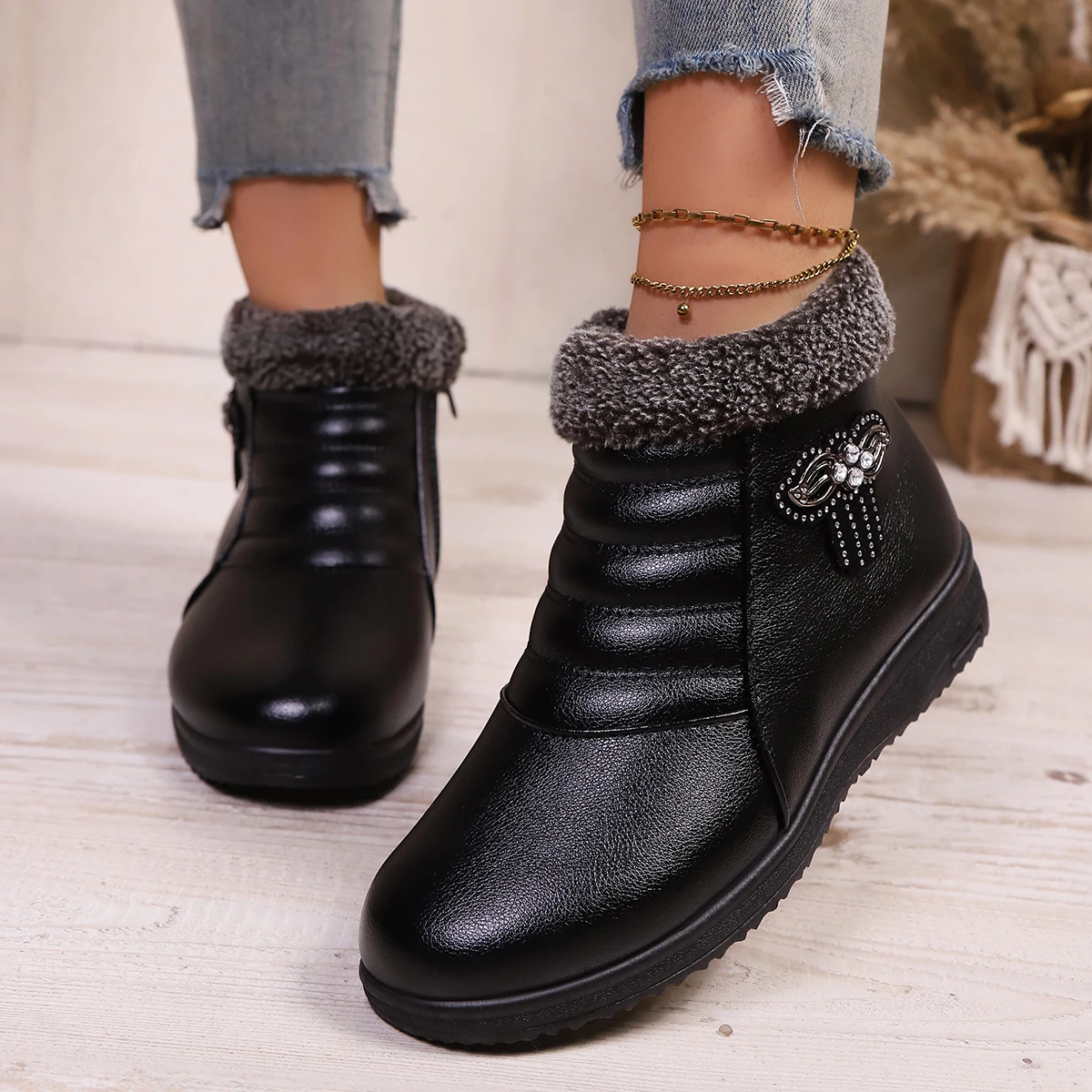 

Autumn Winter Women Boots Outdoor Leather Wedge Women's Ankle Boots Black Round Toe Plush Warm Comfortable Snow Boots