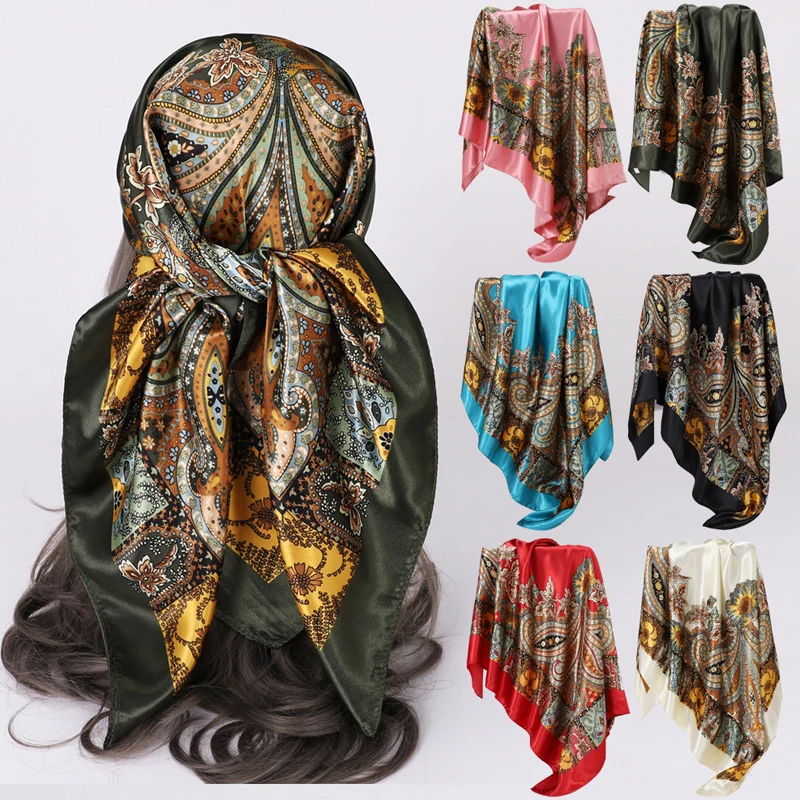 

1 шт. 90*90 см Квадратные шелковые платки для женщин, хиджабы, модные шали с принтом, женские головные платки, фуляры, банданы, пляжные парео