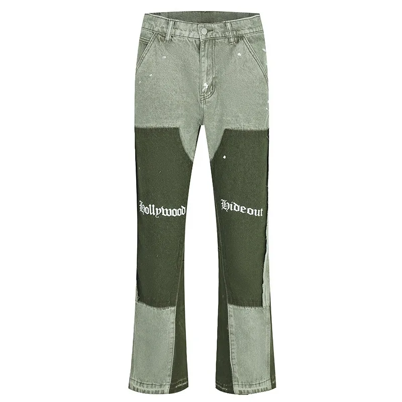 American High Street Heavy Industry Washed Jeans Retro Lumberjack Splicing Flared Pants Tide Baggy-Jeans für Herren