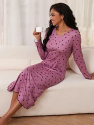 Heart Print Lettuce Trim Women Nightgown V Neck Long Sleeves Pajama Dress Sleepwear Spring Female Nightwear Homwear Clothing