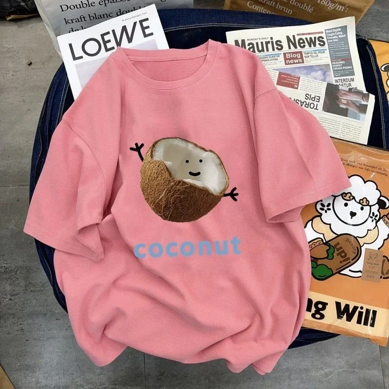 لطيف جوز الهند القطن الخالص قصيرة الأكمام تي شيرت للنساء صيف جديد 2025 فضفاض ومتعدد الاستخدامات عادية Ins لباس أبيض