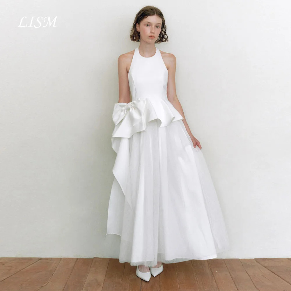 

LISM O-Neck Korea Wedding Dresses A-Line Silk Satin Tulle With Ribbon Wedding Photo Shoot Modern Long Bridal Gown 웨딩드레스