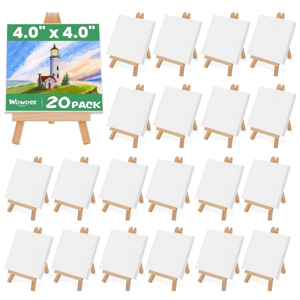 20 Pack Mini Stretched Canvas with Wooden Easel, 4x4 Inch, Art Primed Canvases for Kids Painting, Acrylic Pouring, Oil Paint