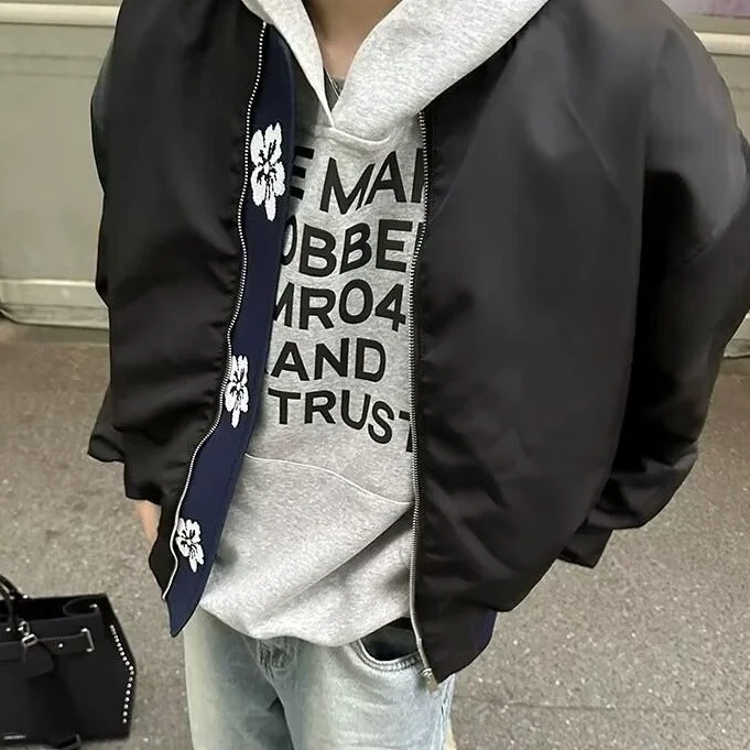 

Loose Fit Autumn Winter Baseball Jaet with Arm Pleats And Embroidery American Street Sle Workwear Jaet for Couples