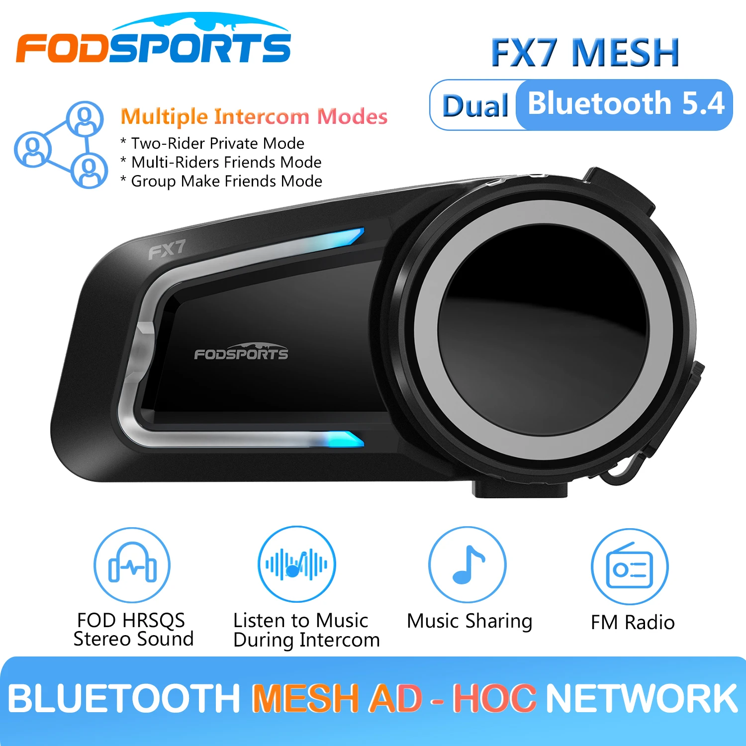 

Fodsports FX7 Bluetooth Headset Mesh Intercom for Motorcycle Helmet Headsets 10 Riders Communicador Moto , FM Radio ,Music Share