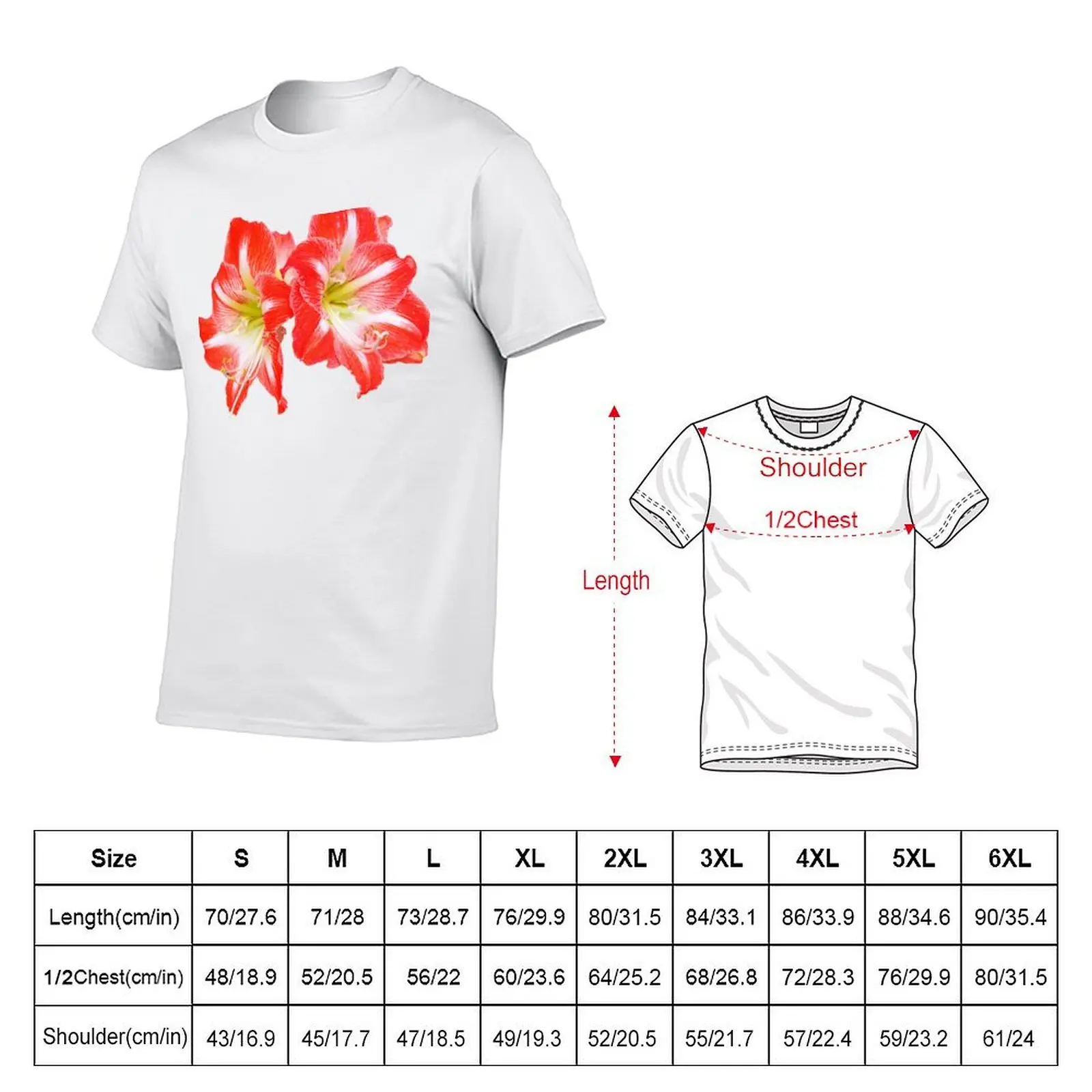 Two Red Amaryllis Hippeastrum on White T-Shirt Work Basic Short Sleeve Top