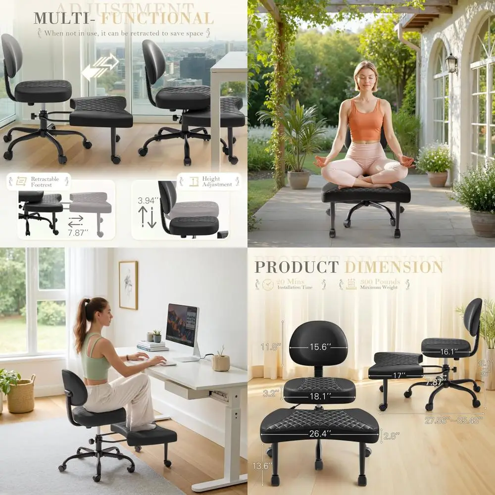 

Ergonomic Swivel Kneeling Chair with Adjustable Height and Footrest for Office, Yoga, Meditation (Leather, Black)