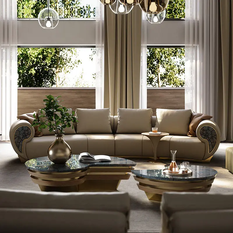 Leather Conch Sofa Living Room Three-person Four-person Straight Row Sofa