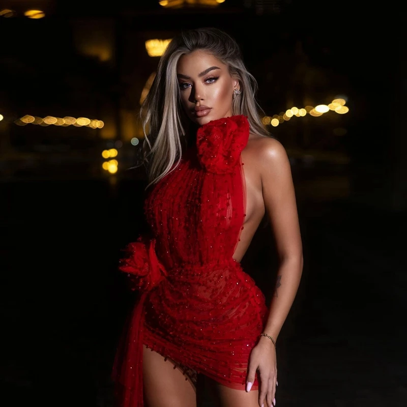 

Red Beading Mini Cocktail Party Dresses Pretty Handmade Flowers Pearls Short Prom Gowns With Train Sexy Black Women Evening Gown