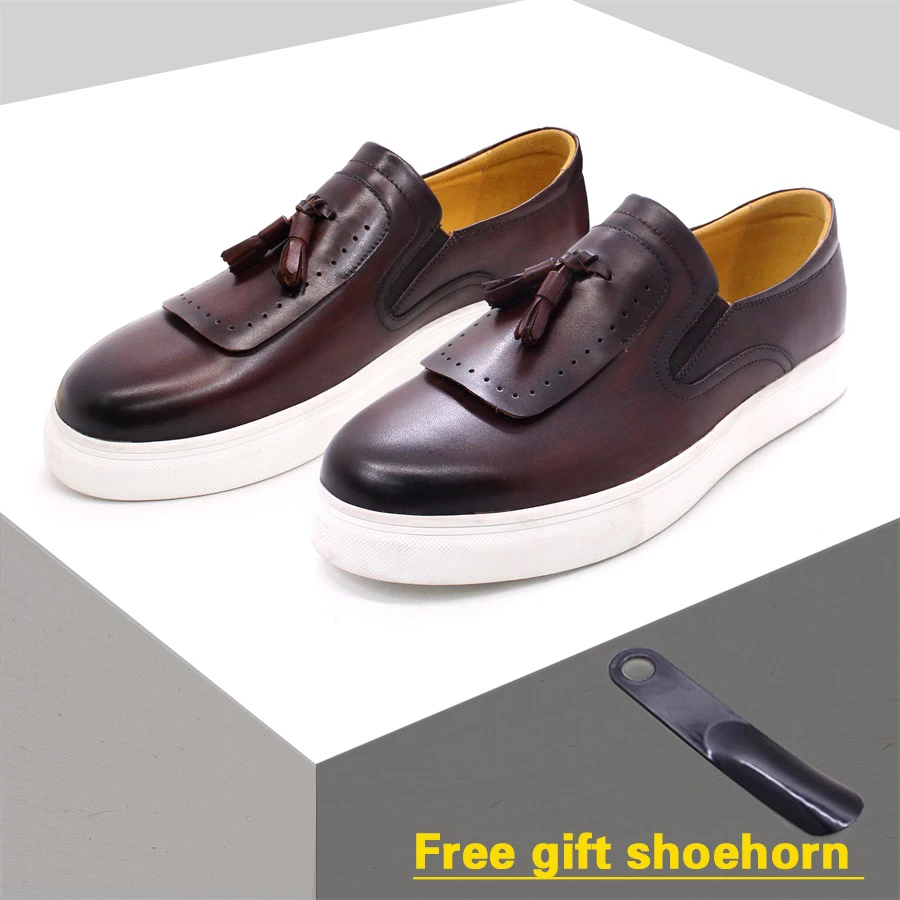 NONE Leder casual schuhe quaste high-end handmade männer der schuhe komfortable runde kappe flache schuhe büro bankett männer müßiggänger 3