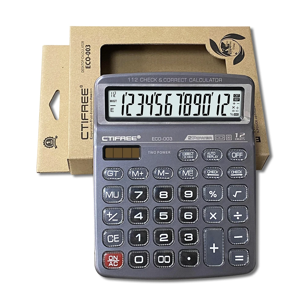 ECO-003 Desktop Calculator 12 Digit Large Solar Power and LCD Display Big Button Calculator 112 Steps Check and Correct Function