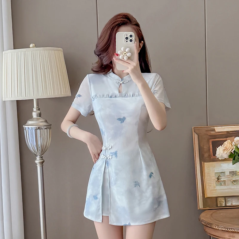 2026 New Chinese Style Mesh Sleeve Cheongsam Dress+Shorts 2 Piece Set Women Short Sleeve Side Split Young Floral Summer Outfit