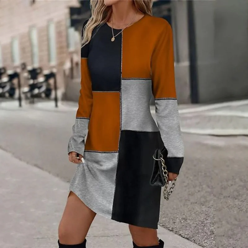 

Europe and America2025Autumn and Winter round Neck Solid Color Temperament Leisure Style Long Sleeve Dress