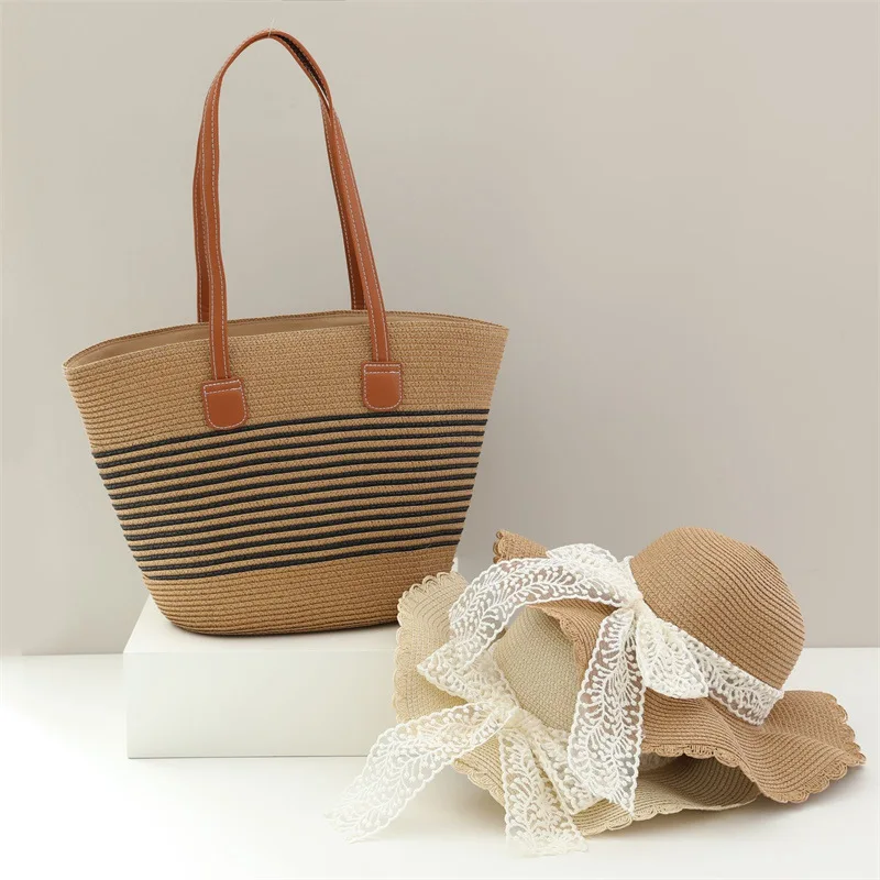 USPOP New Women 2 Pieces Set Straw Hat and Bag Stripe Large Capacity Shoulder Tote Bag Sweet  Lace Ribbon Bow Straw Beach Hat