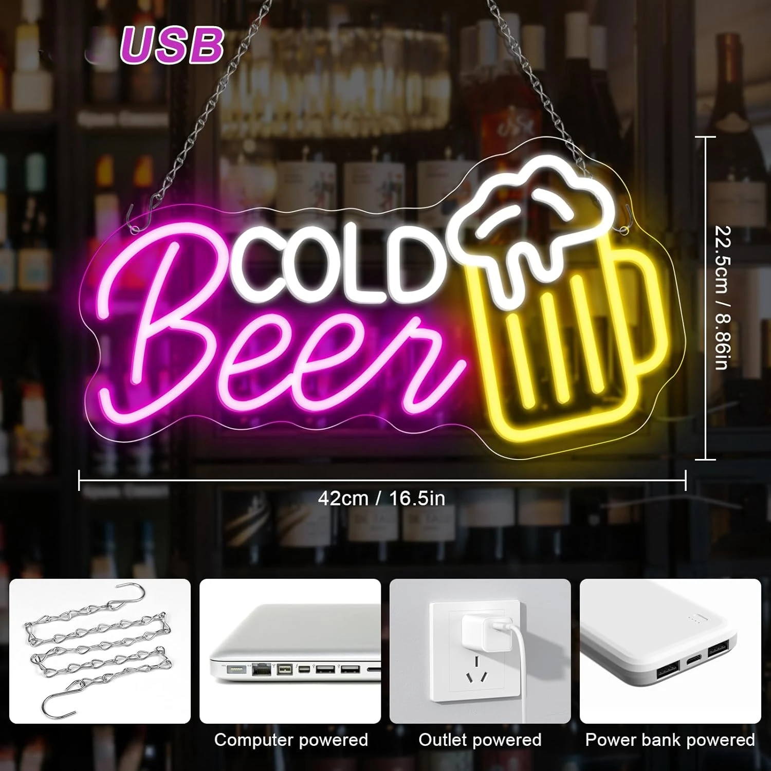 Cold Beer Neon Sign Dimmable LED USB Wall Light for Bar Craft Beer Pub BBQ Shop Garage Men Cave Family Gathering Wall Decor Gift