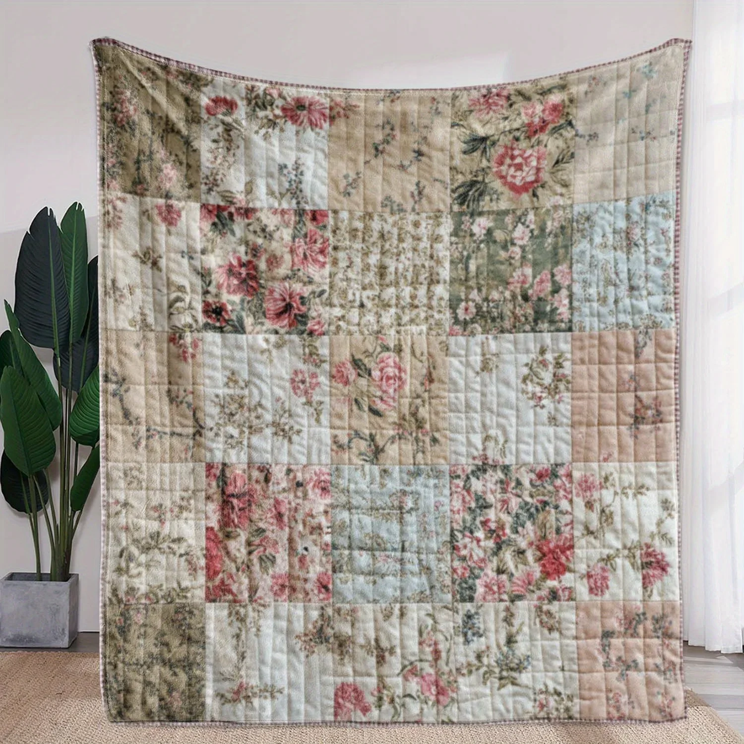 Vintage Floral Patchwork Quilted Throw Blanket  Soft Plaid Flannel with Pink Blue Beige Flowers for Sofa Bed Couch
