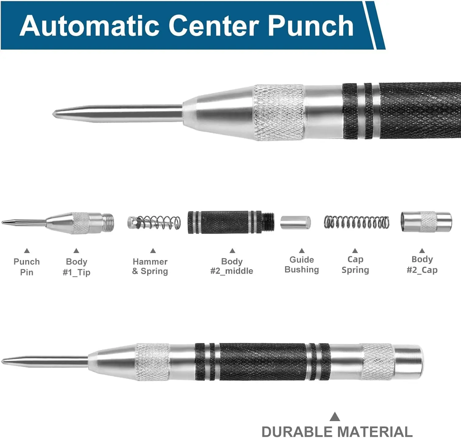 2er-Pack robuster, federbelasteter Körner – verstellbarer Schlagmarker für Metall, Holz, Kunststoff und Glas