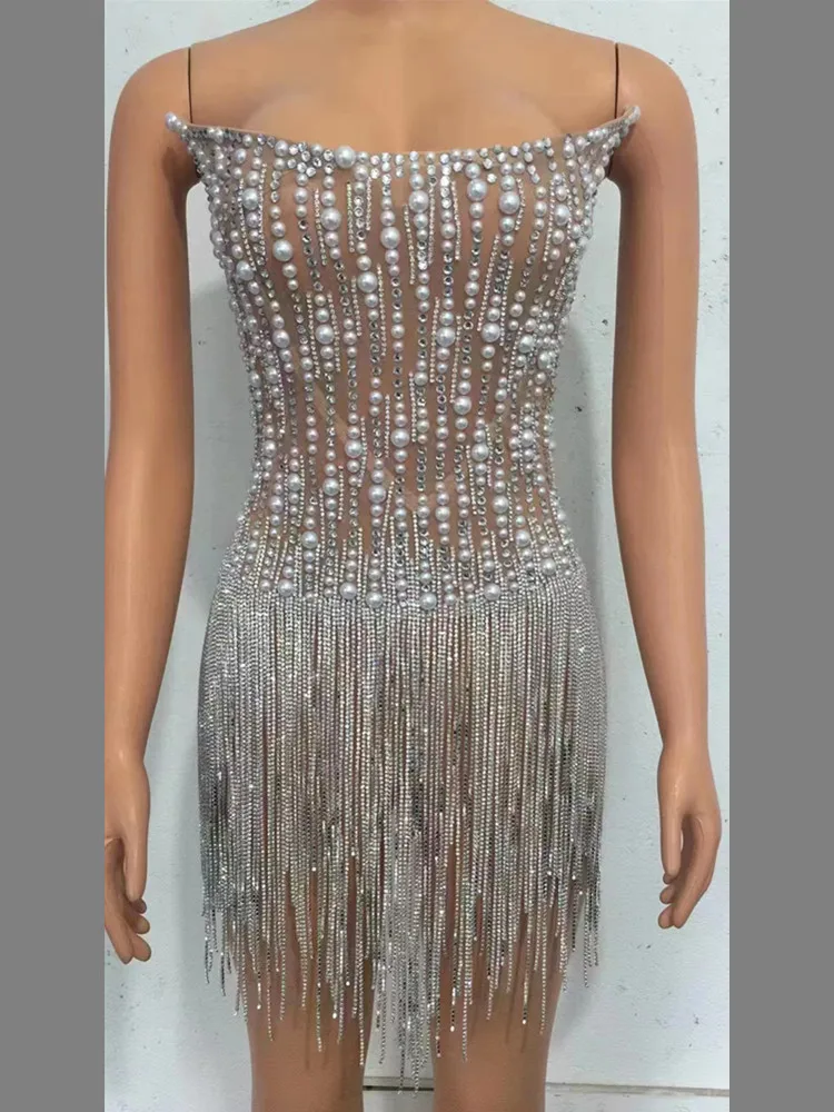 Rhinestones Dress Outfit Fashion Pearls Crystals Chains Corset Dance Costume Evening Celebrate Birthday Celebrate Performance