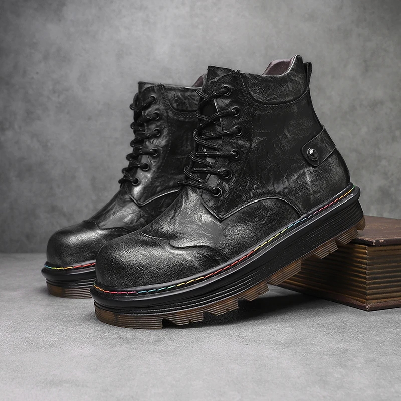 

Men Genuine Leather Boots Fashion British Style Riding Short Ankle Boots Thick Soled Height Increasing Boots Short Boot Size 48