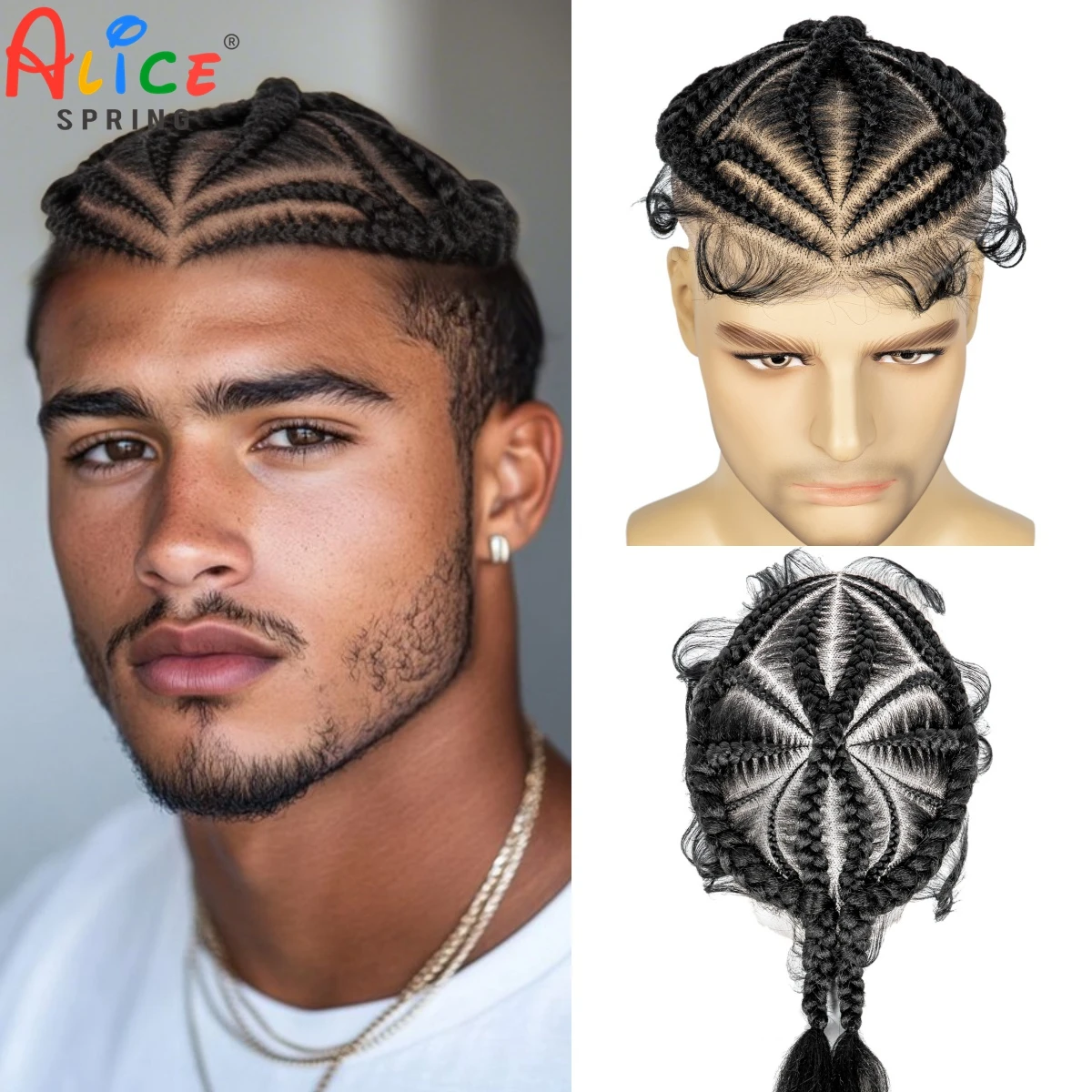 HD Full Lace Male Hairpieces with Cornrow Braids Men's Toupee Hair White Hair Reaplcement Synthetic Short Hair Topper for Men