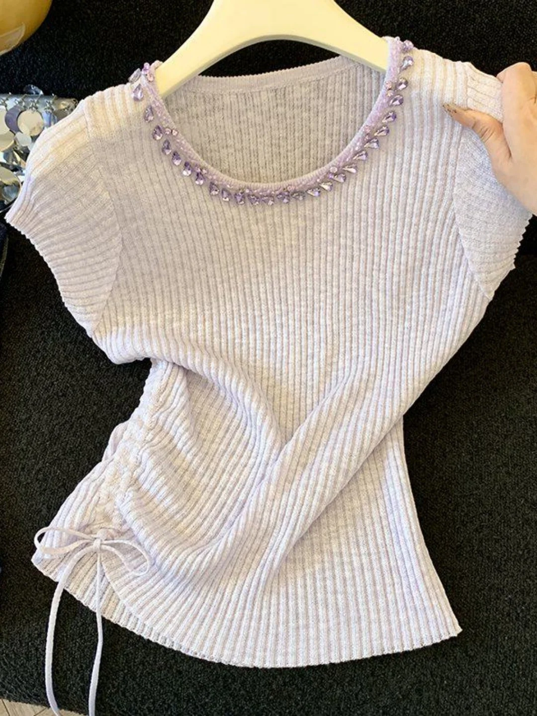 

High-End Women's Purple Knitted T-Shirt with Drawstring Slimming Top Summer Fashion Beads round Neck Viscose Fiber