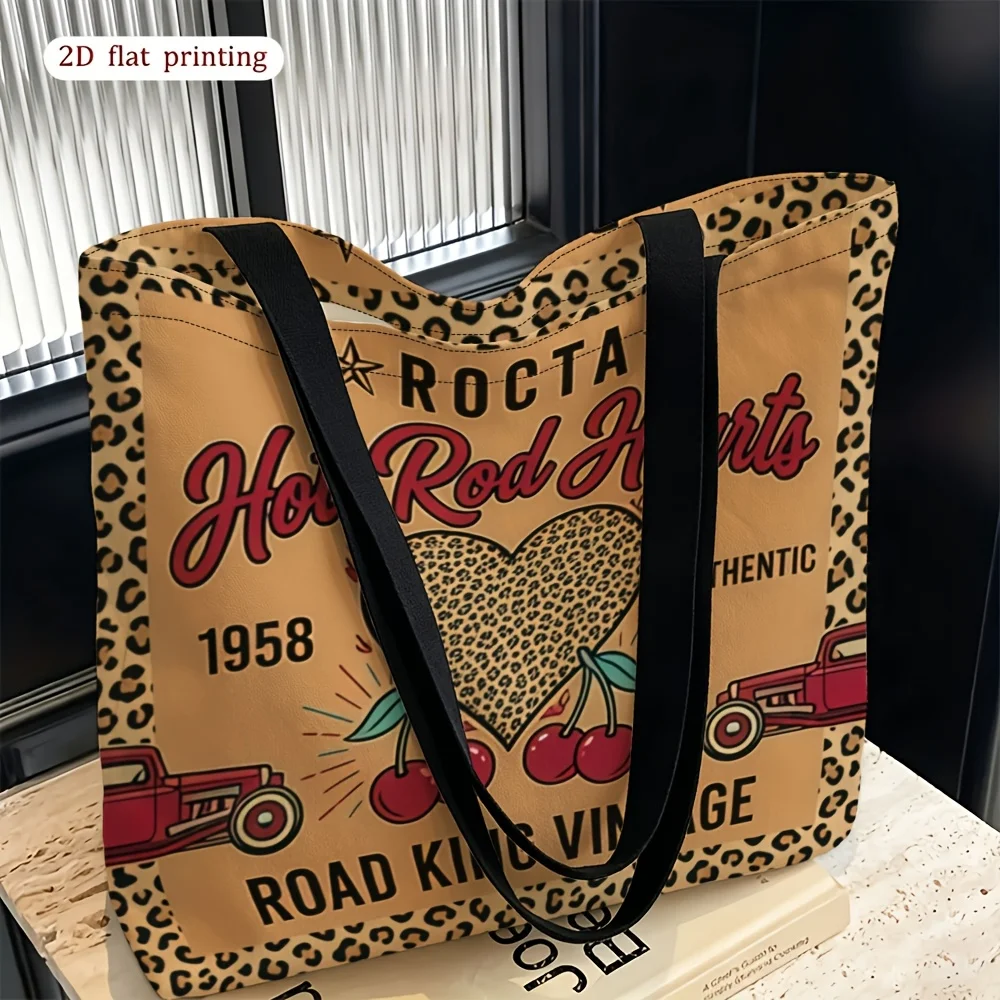 1pc, 2D Flat Women's Shoulder Bag, Vintage Hot Rod Heart Pattern Themed Women's Shoulder Bag, for Daily Use, Multi-functional