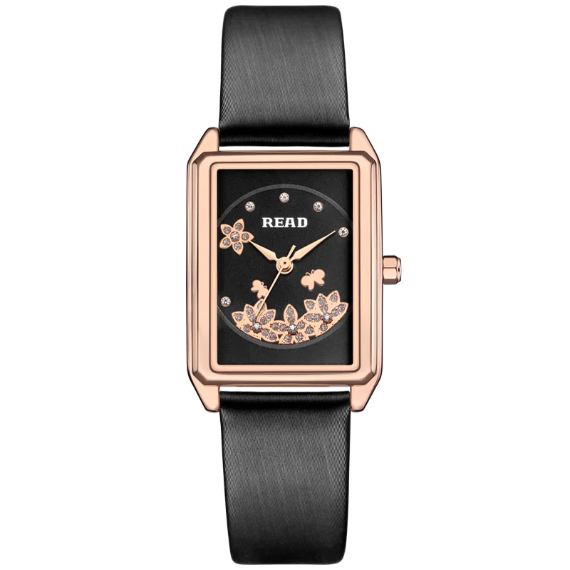 READ Ladies Rectangular Analog Watch | Flower Decor Dial | Black Textured Band | Daily Water Resistant Fashion Wrist Watch