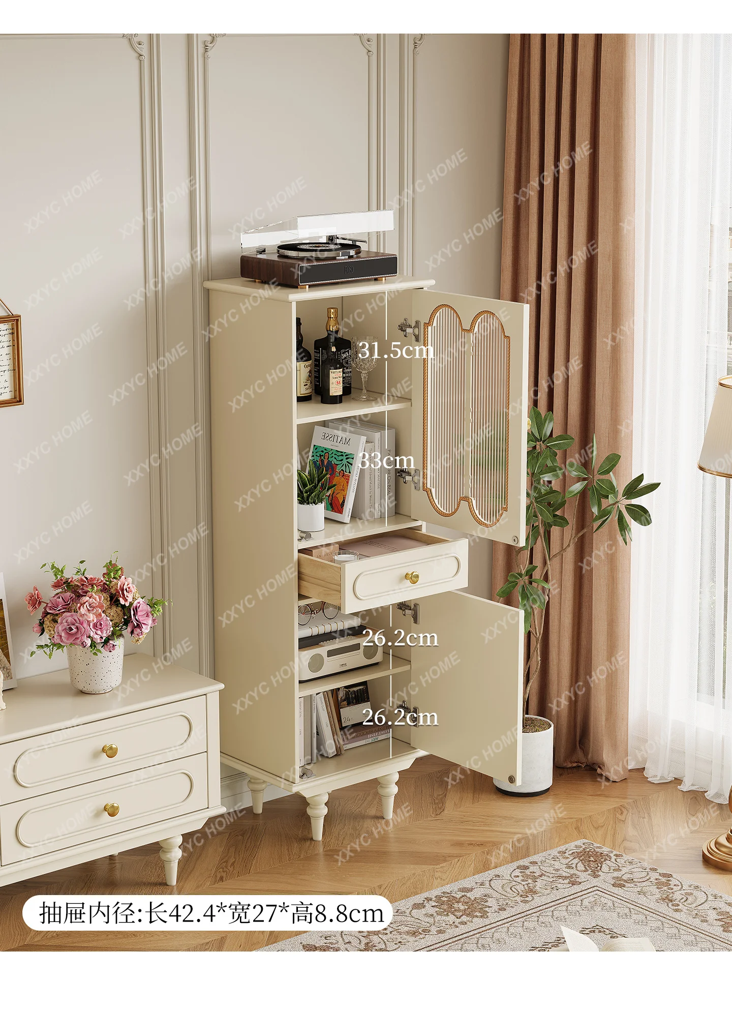 Solid wood cream style dining side transparent single door glass light luxury living room storage floor cabinet