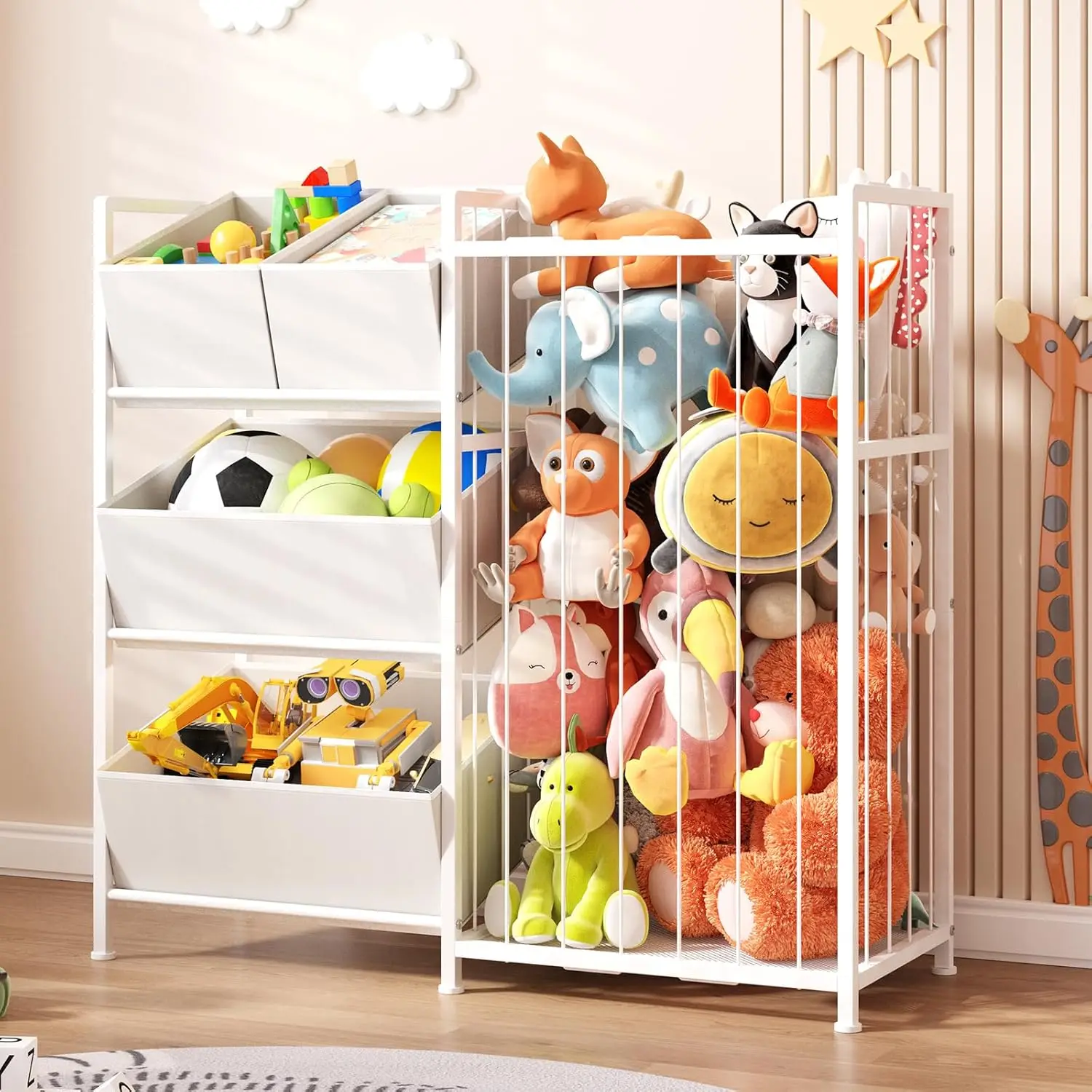 

Kids Storage Organizer with 4 Removable Bins, Toy Shelf for Stuffed Animals, Bedroom Playroom Nursery, White