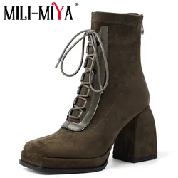 MILI-MIYA Classic Square Toe Women Stretch Flock Ankle Boots Thick Heels Zippers Solid Color Plus Size 34-42 Handmade For Ladies