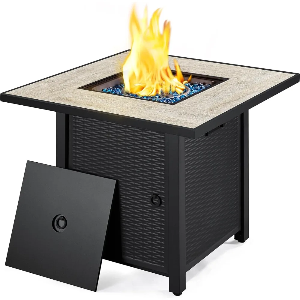 

30" Fire Pit Table with Ceramic Tabletop and Blue Fire Glass, Rattan Pattern Steel Base & Lid, Square Propane Gas Fire Pit Table