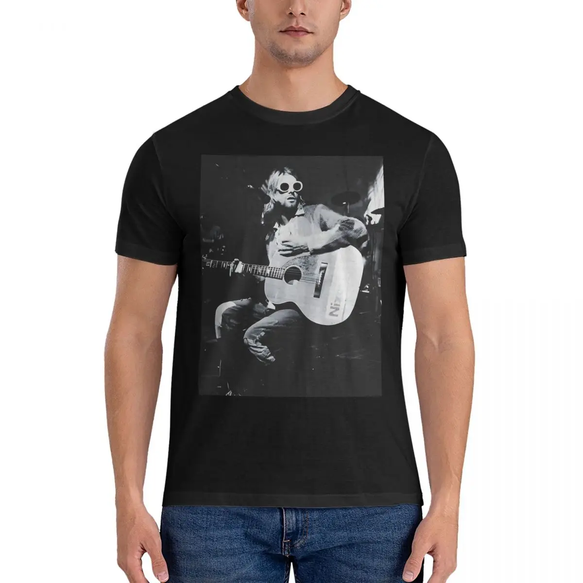 Casual Memorable Vocalist Grunge Playing Guitar 80S 90S - Poster T-Shirt Men Round Collar Cotton T Shirt Utero Short Sleeve Tees