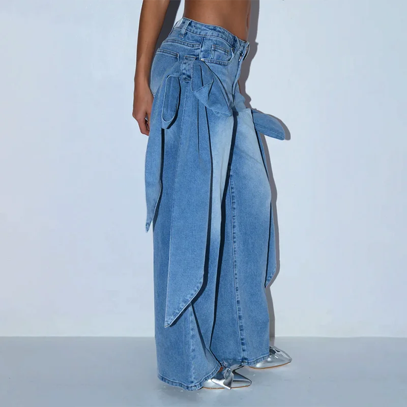 High Waist Wide Leg Pants Butterfly Knot Washed out Jeans Design Slimming Women's Denim Trousers Fashionable Chinese
