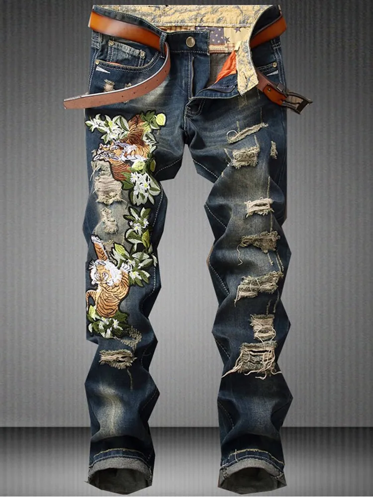 

Luxury Embroidered Men's Jeans Trendy Brand Ripped Straight Leg Long Pants Casual Wear Youth ular Sle mid Waist Zipper Fly