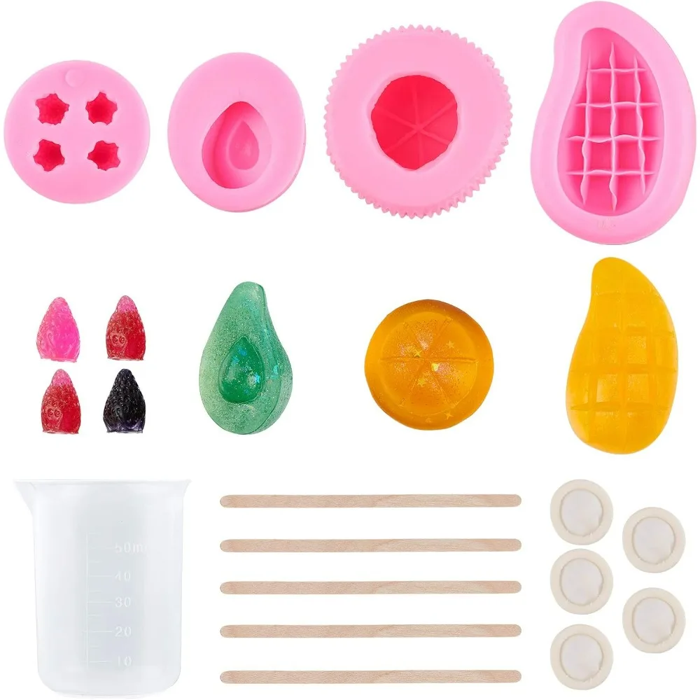 3D Fruit Silicone Mold Kit, 4 pcs Mango/Strawberry/Avocado/Mangosteen Shape Molds with Finger Cots Measuring Cup Spoons for