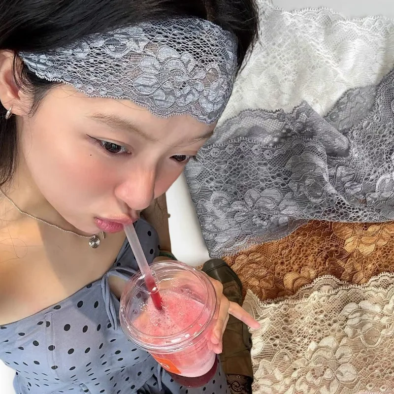 Fashion Lace Floral Headbands French Women Wide Hollow Lace Elastic Headwrap Girls Vintage High Elastic  Sweet Hair Accessories