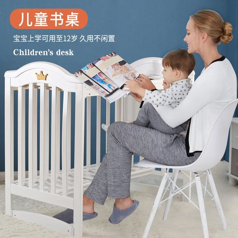 Crib multi-functional solid wood paint white bed neonatal cradle bed 0-3-year-old baby crib with roller