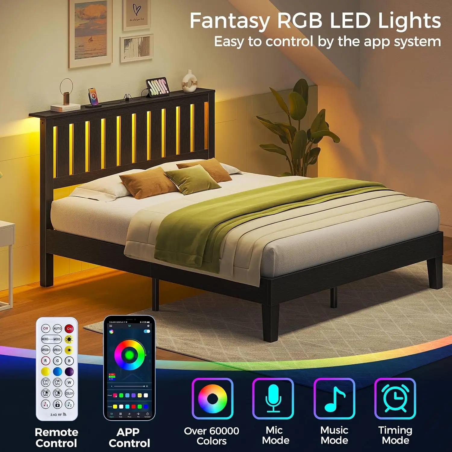 Full Bed Frame With Headboard & LED Lights Charging Station Wood Slat Support No Box Spring Black, Customized