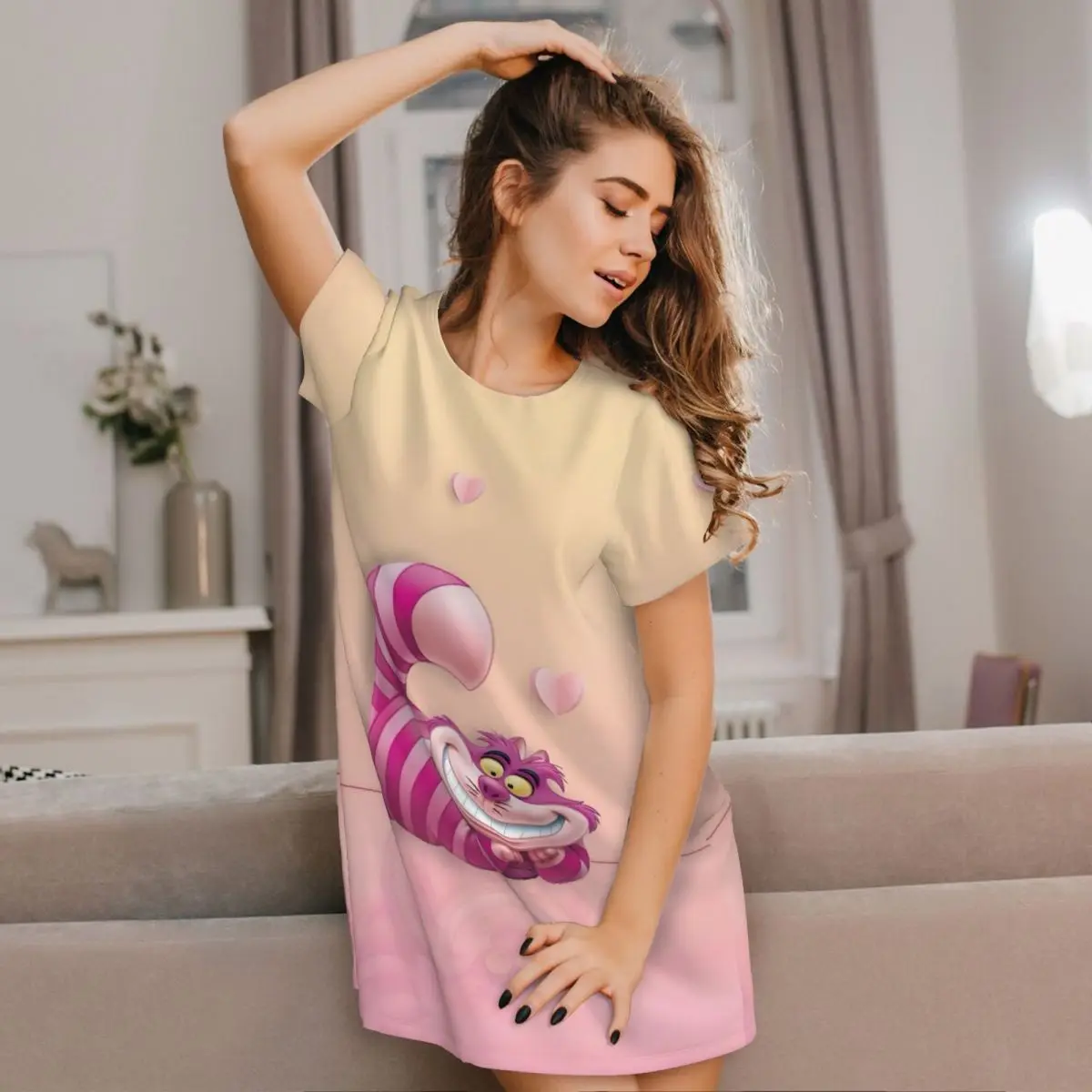 Damska koszula nocna z krótkim rękawem z motywem Cheshire Cat, uśmiechnięta koszula nocna z kotem na zakupy, podróże, koszula nocna, bielizna nocna z krótkim rękawem