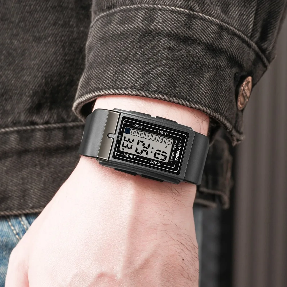 Synoke Men Rectangular Sport Electronic Watch Waterproof 50M Night Light Large Screen Alarm Clock Trend Retro Style Women Watch